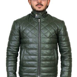 Mens Green Puffer Leather Jacket